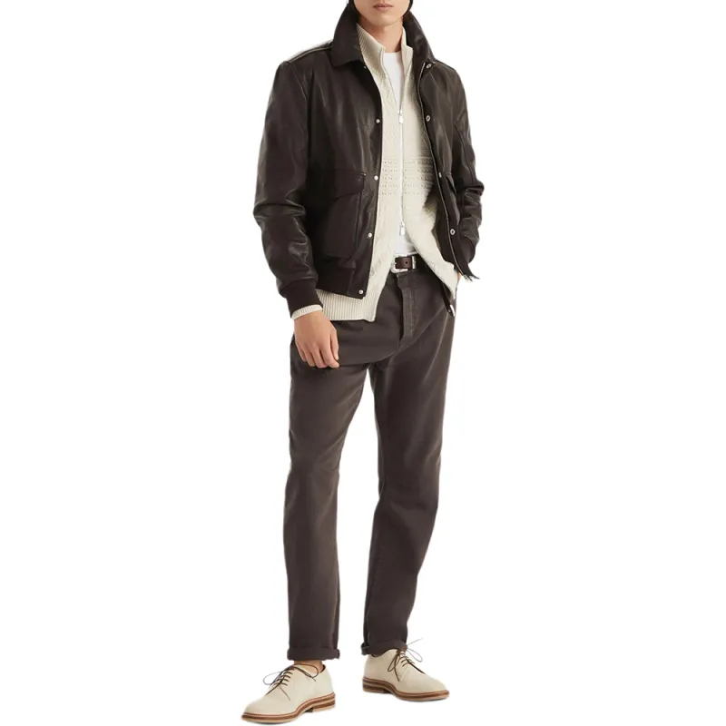 Brunello Cucinelli Aviator Zip Up Leather Jacket-1