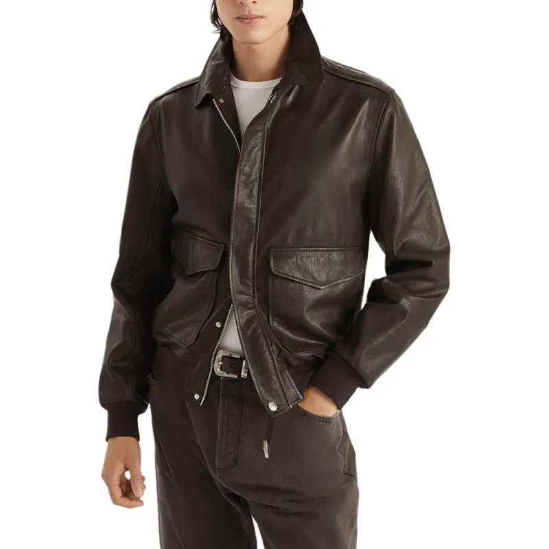 Brunello Cucinelli Aviator Zip Up Leather Jacket-2