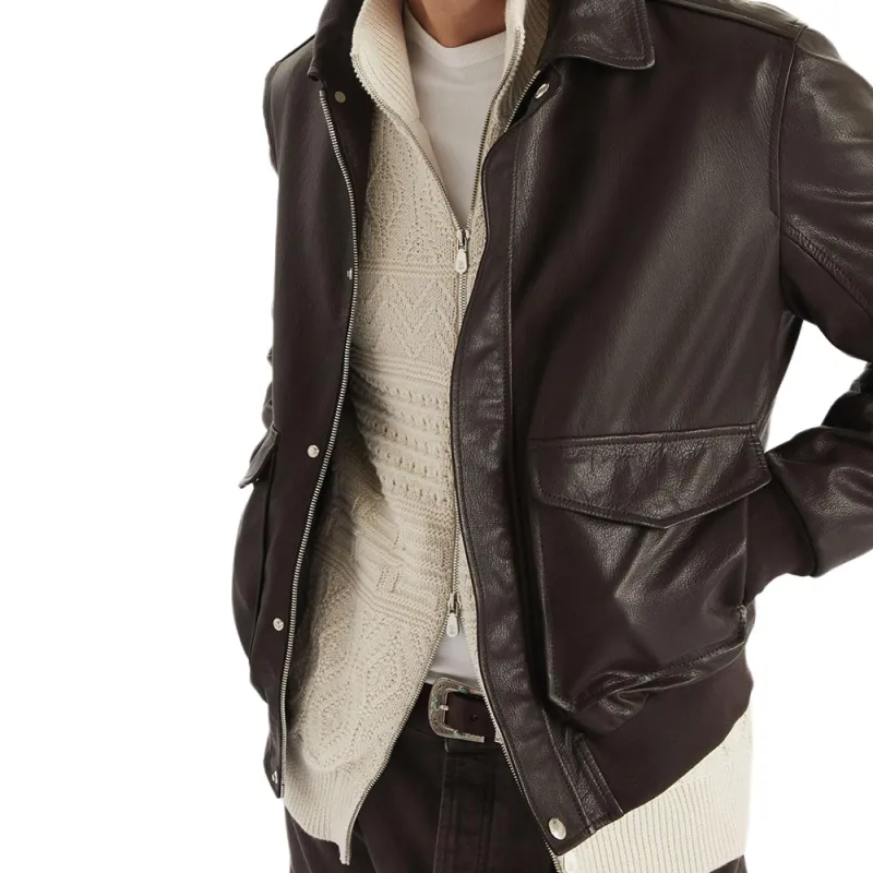 Brunello Cucinelli Aviator Zip Up Leather Jacket-4