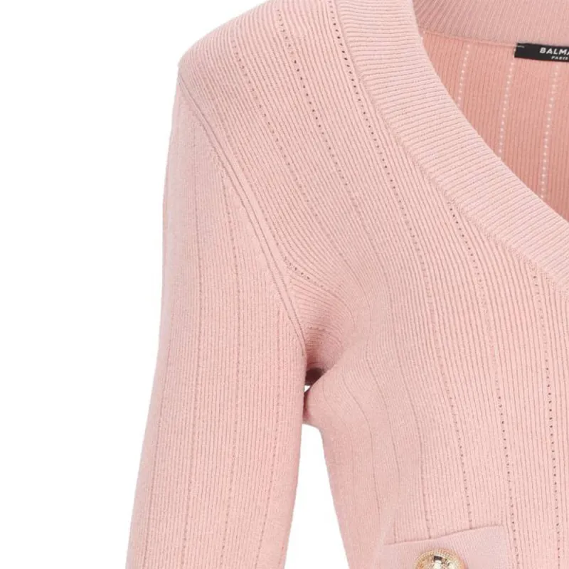 BALMAIN Button Embellished Ribbed Knit Cardigan-3