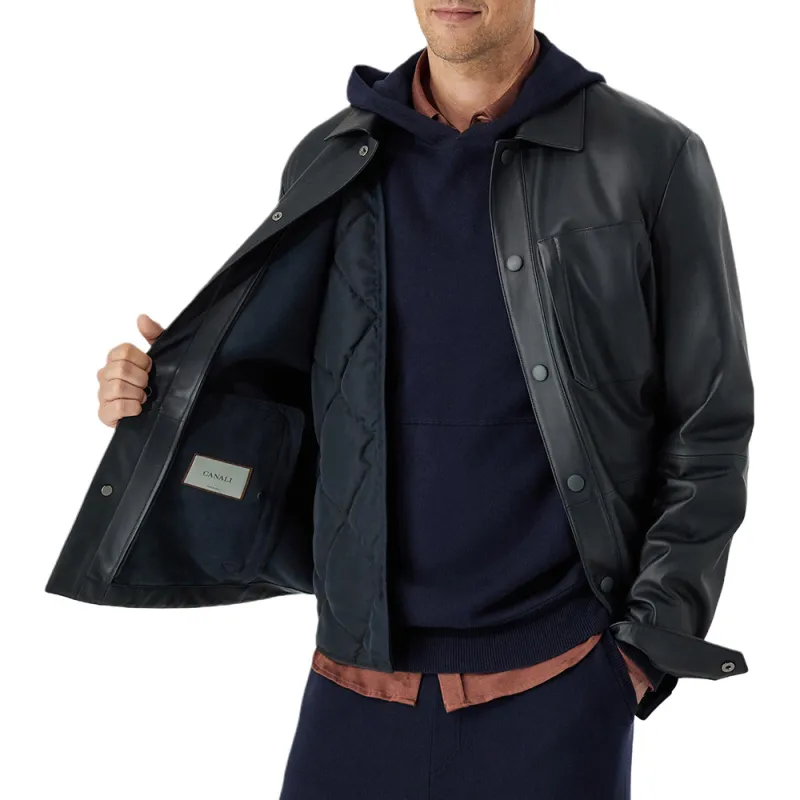 CANALI Leather Jacket Men's Blue-4