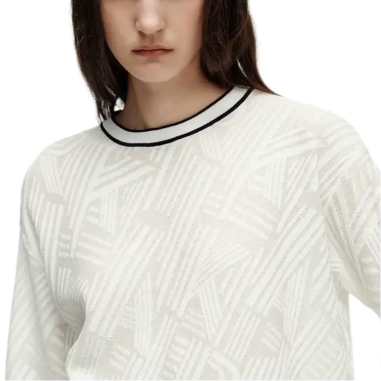 KARL LAGERFELD Solid Color Crew Neck Jacquard Long Sleeved T Shirt Women's White-3