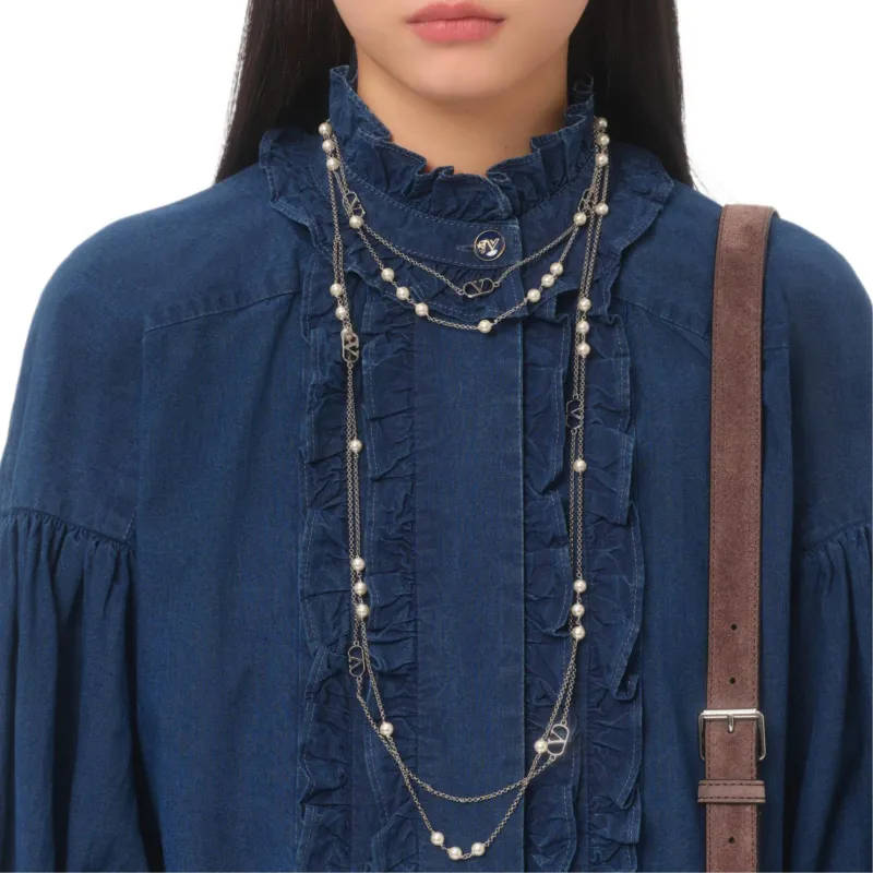 Valentino Ruffled Long Sleeved Denim Dress-6