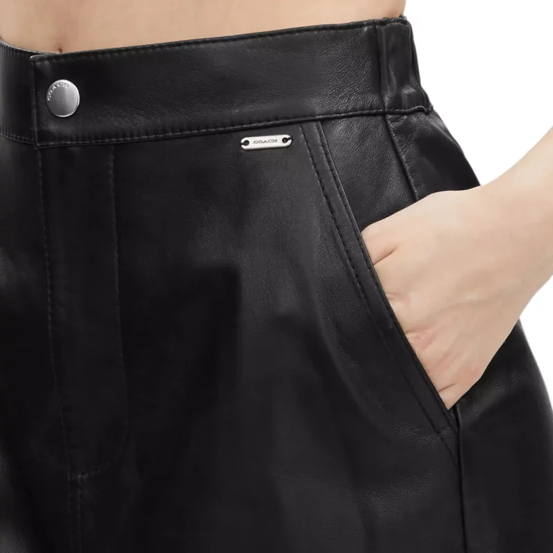 COACH Leather Long Skirt Women's Black-3