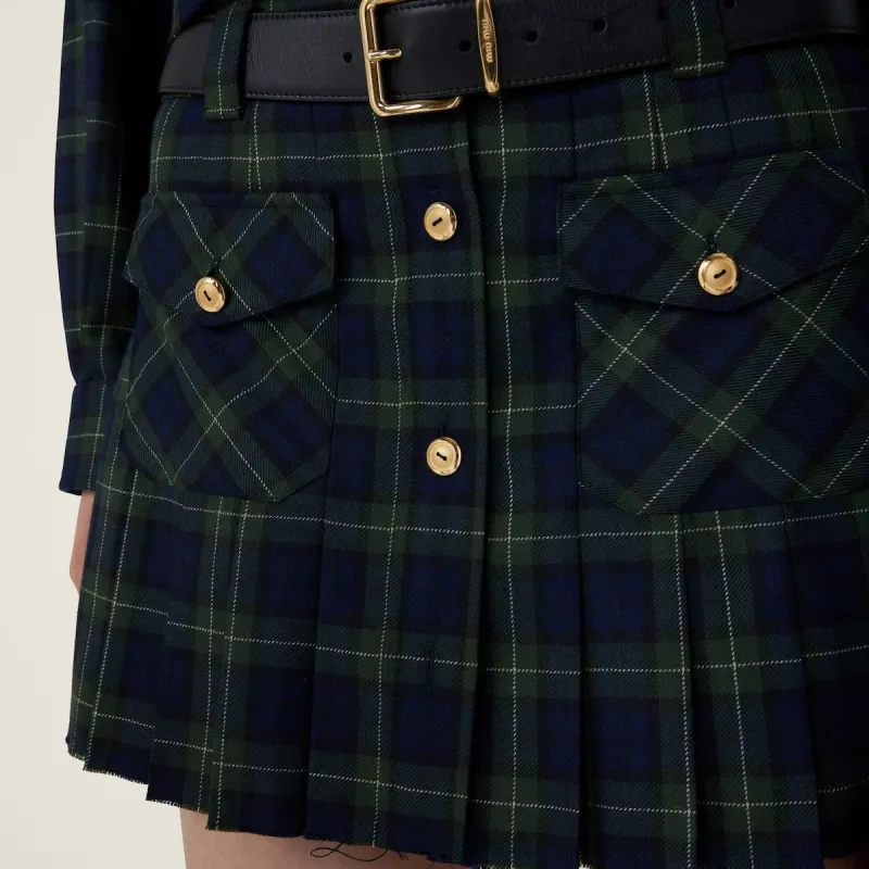 MIU MIU Logo Embroidered Pleated Tartan Mini Skirt-4