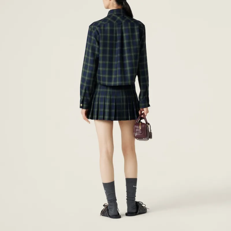 MIU MIU Logo Embroidered Pleated Tartan Mini Skirt-2