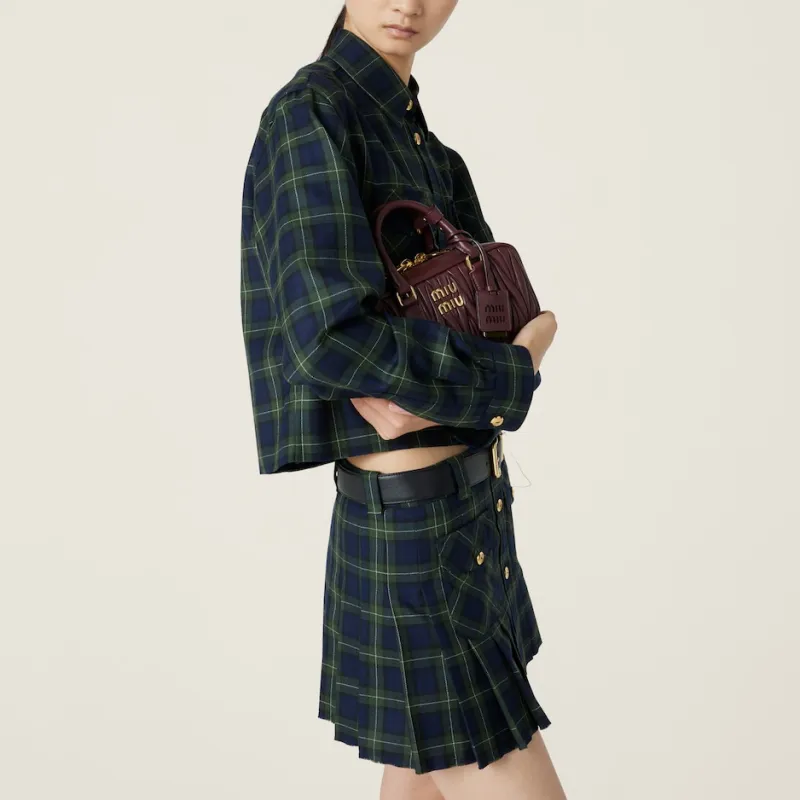 MIU MIU Logo Embroidered Pleated Tartan Mini Skirt-3