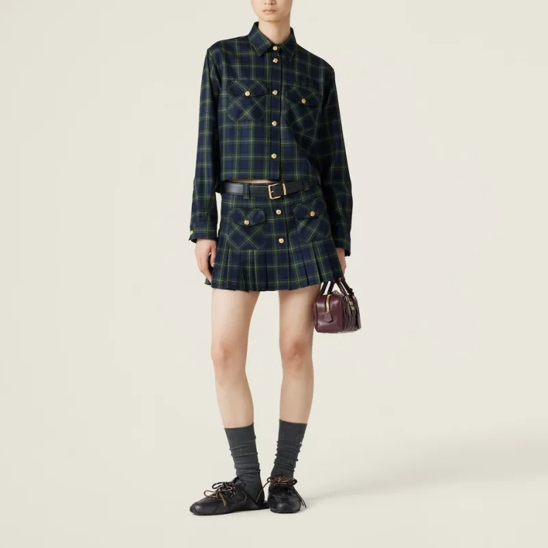 MIU MIU Logo Embroidered Pleated Tartan Mini Skirt-1