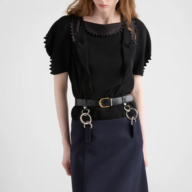 PRADA Solid Color Voile Square Collar Short Sleeved Shirt Puff Sleeve T Shirt Women's Black-2