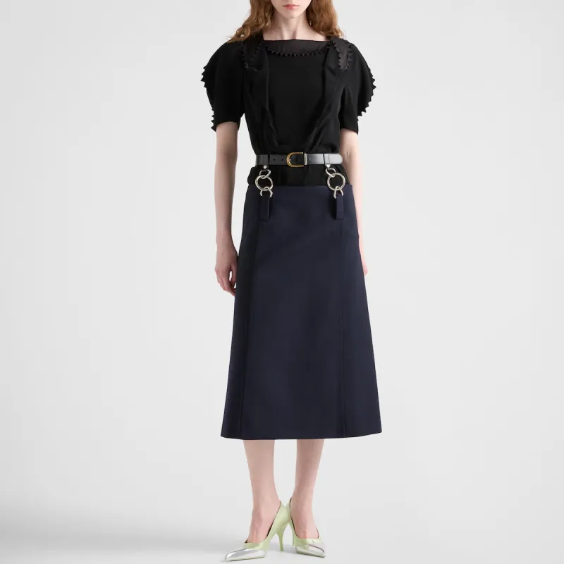 PRADA Solid Color Voile Square Collar Short Sleeved Shirt Puff Sleeve T Shirt Women's Black-1