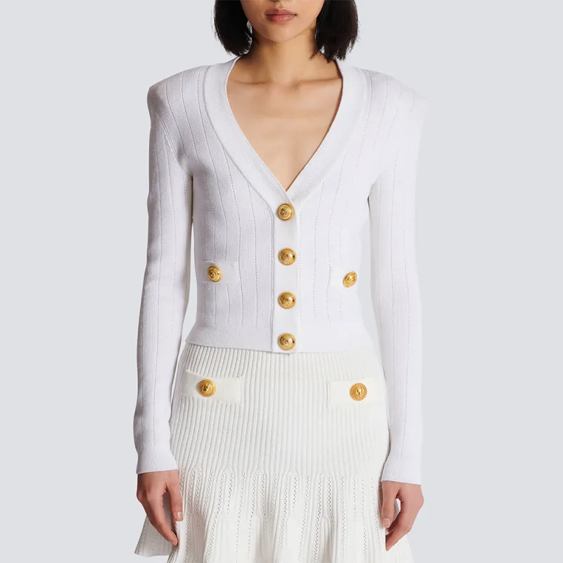 BALMAIN Button Embellished Ribbed Knit Cardigan-1