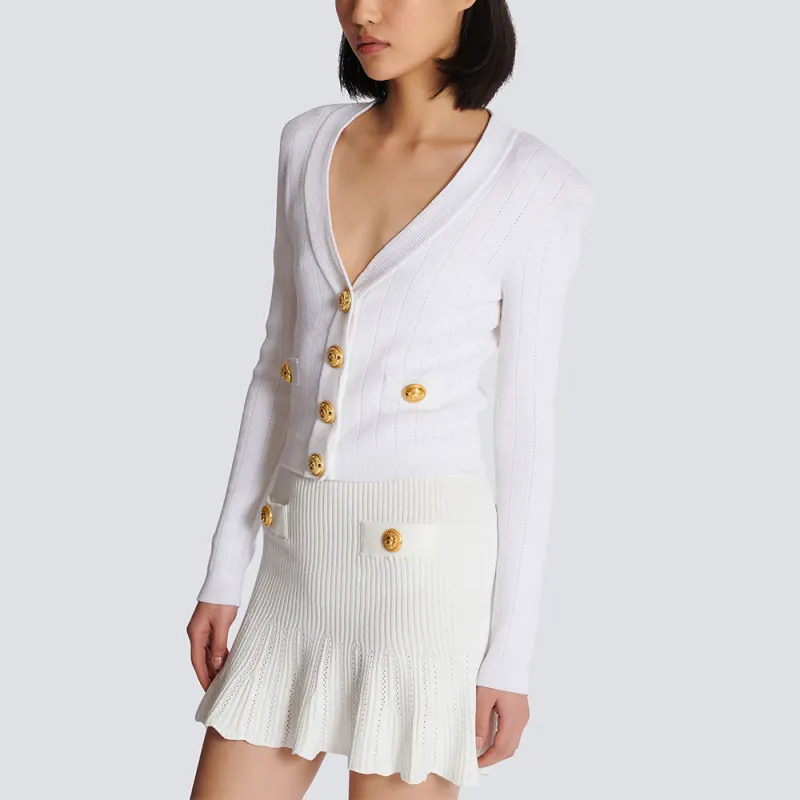 BALMAIN Button Embellished Ribbed Knit Cardigan-2