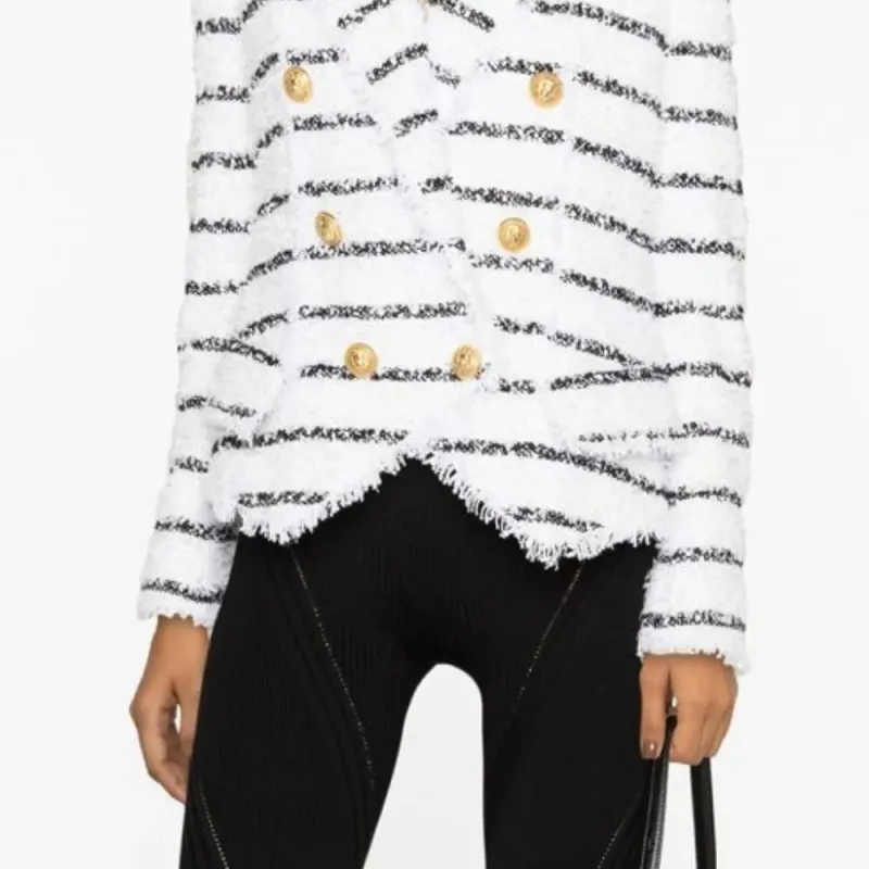 BALMAIN Double Breasted Striped Tweed Jacket-4