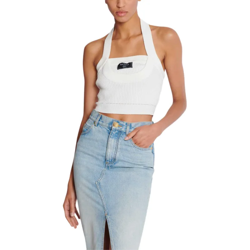 BALMAIN Ribbed Knit Halterneck Top-2