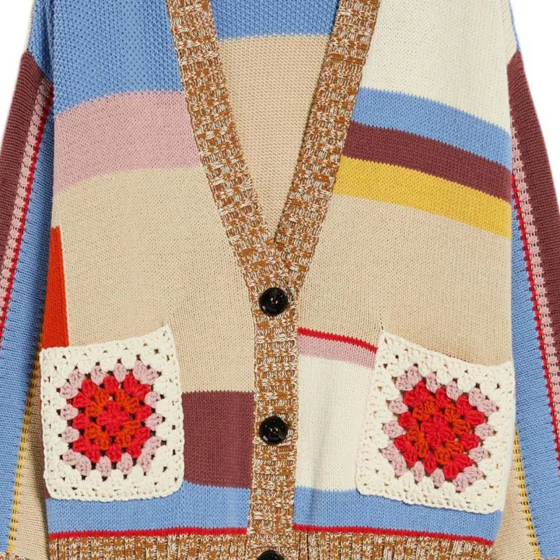 WEEKEND MaxMara Giorno Collection Patchwork Cotton Cardigan Sweater Women's Multicolor-5