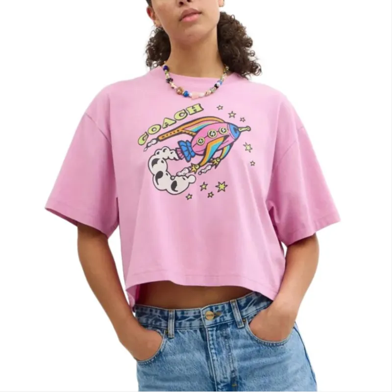 COACH Rocket Print Cropped Short Sleeved Drop Shoulder Sleeve T Shirt Women's Pink-1