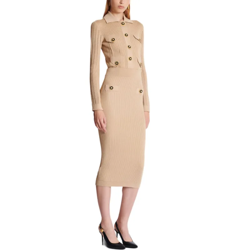 BALMAIN Button Detailed Ribbed Pencil Skirt-5