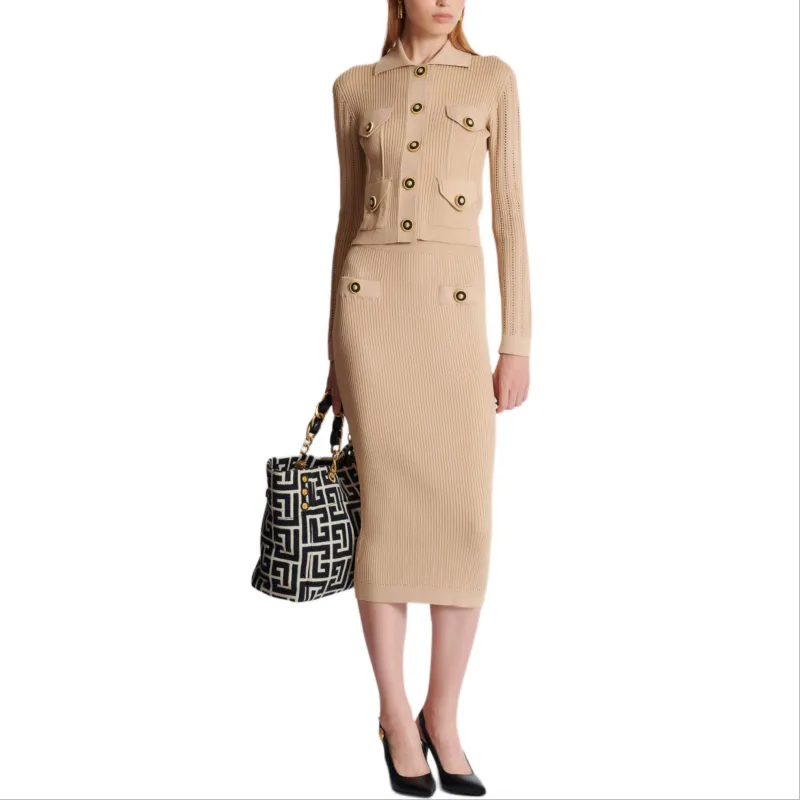 BALMAIN Button Detailed Ribbed Pencil Skirt-3