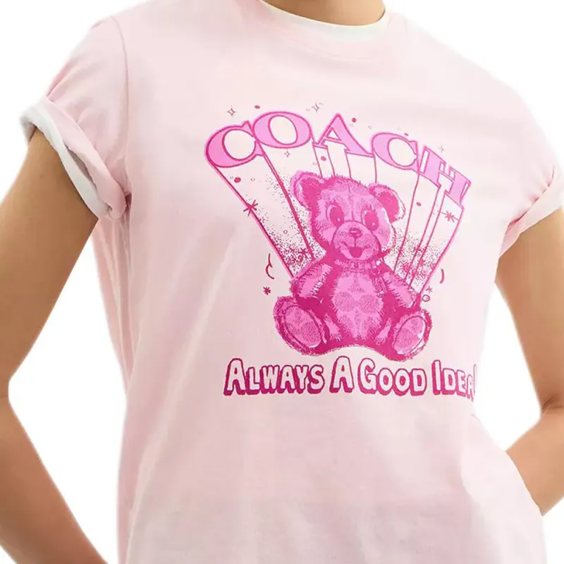 COACH Solid Color Crew Neck Bear Pattern Short Sleeved Regular T Shirt Women's Pink-3