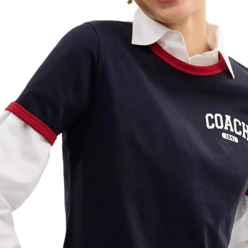COACH Color Block Trim Crew Neck Short Sleeved T Shirt Women's Black-3