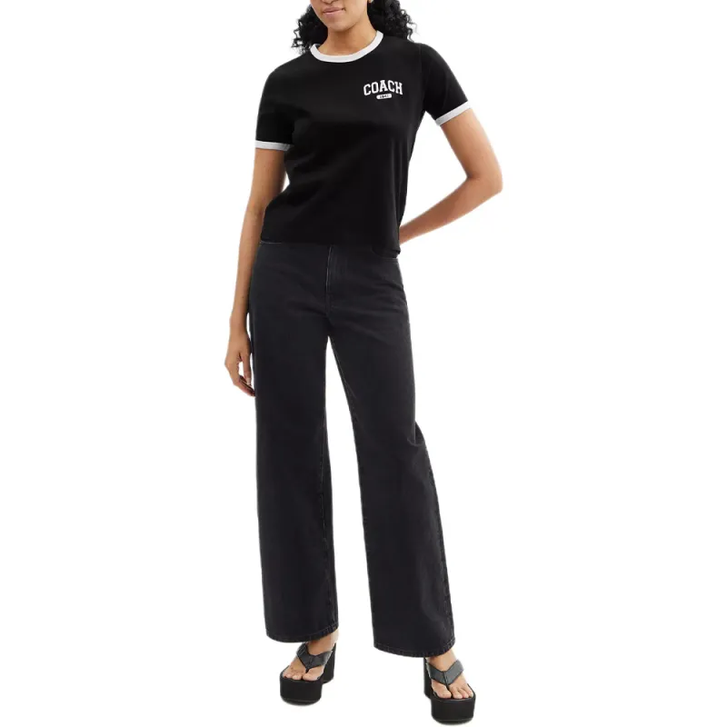 COACH Crew Neck Color Block Trim Short Sleeved Regular T Shirt Women's Black-1