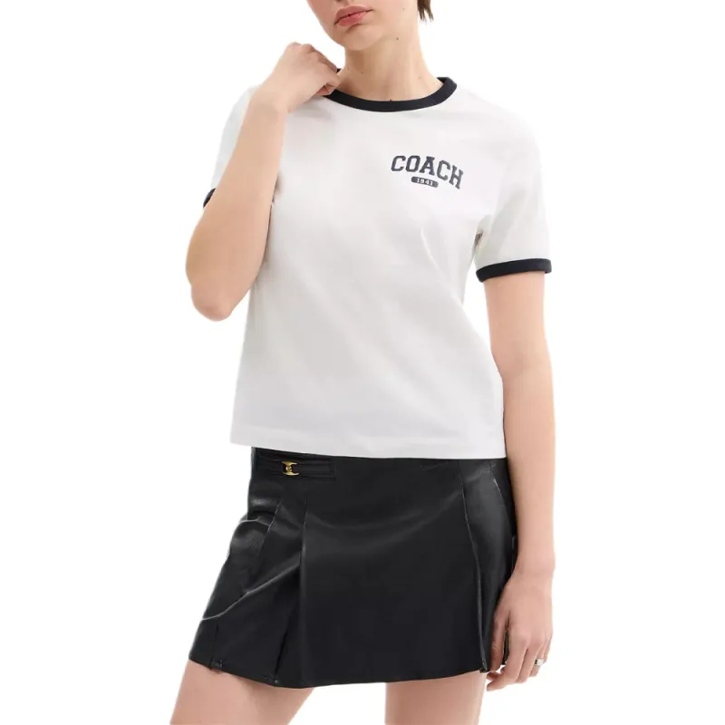 COACH Crew Neck Color Block Trim Short Sleeved Regular T Shirt Women's White-1