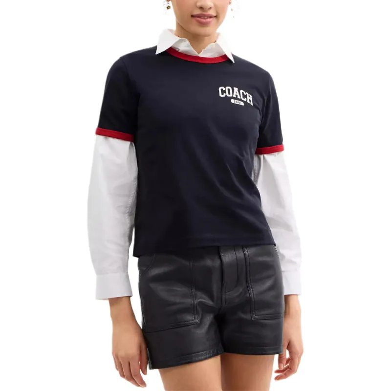 COACH Color Block Trim Crew Neck Short Sleeved T Shirt Women's Black-1