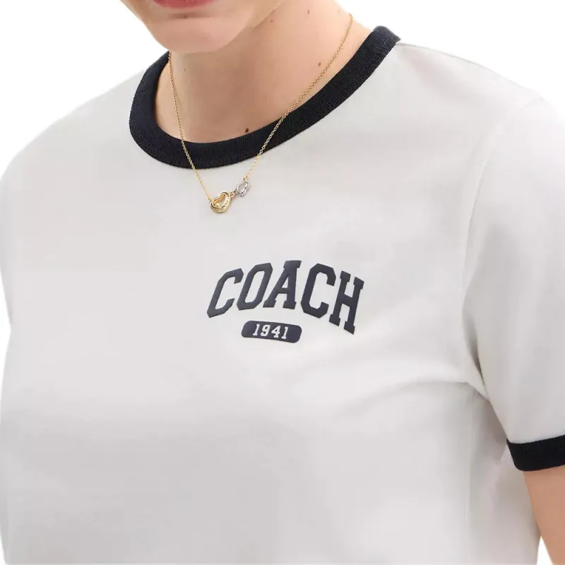 COACH Crew Neck Color Block Trim Short Sleeved Regular T Shirt Women's White-3