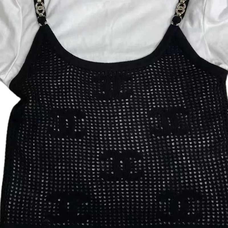 CHANEL Embroidery Letter Cut Out Camisole Short Sleeved Regular T Shirt Women's White-3