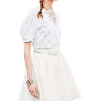 CHANEL Embroidery Cotton Poplin Puff Sleeve T Shirt Women's White