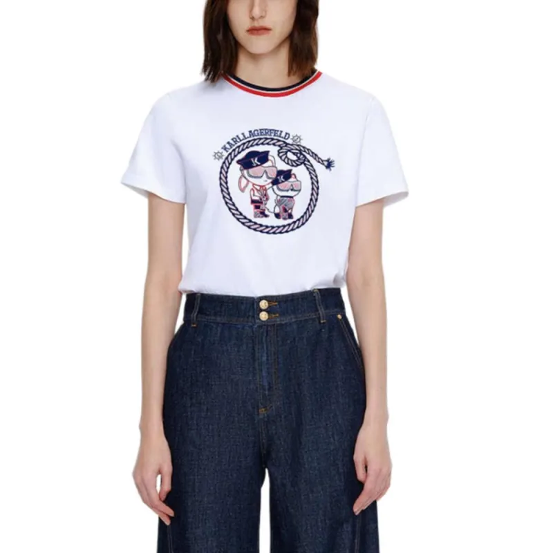 KARL LAGERFELD Printed Pattern Flock Short Sleeved Regular T Shirt Women's White-1