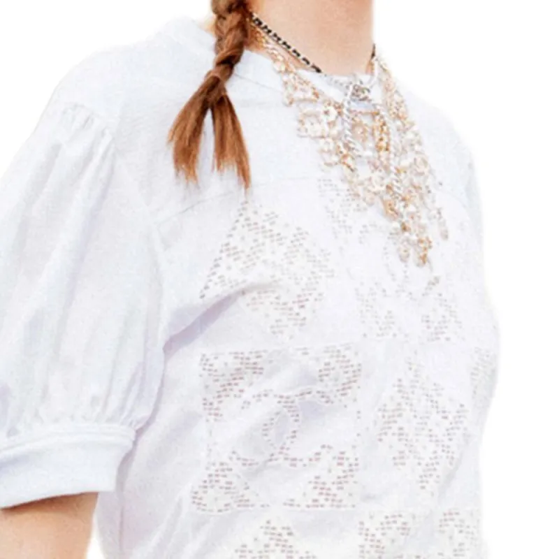 CHANEL Embroidery Cotton Poplin Puff Sleeve T Shirt Women's White-2