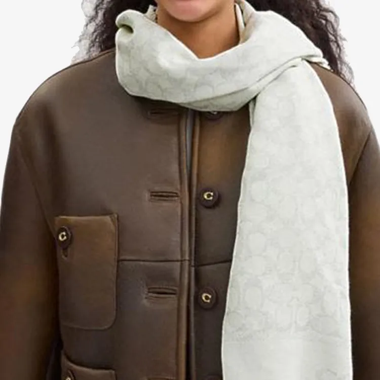 COACH Sheep Wool Knit Scarves Unisex White-2