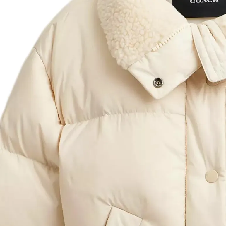 COACH Cropped Puffer In Recycled Polyamide With Sherpa Collar Down Jacket Women's Cream-4