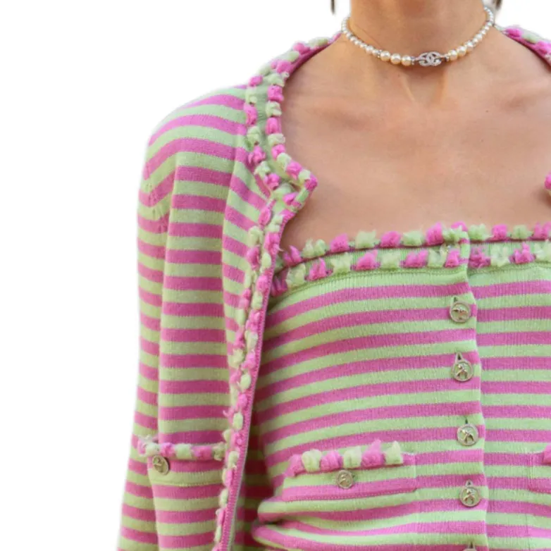CHANEL 25S Spring Summer Collection Cashmere Sweater Women's Green Pink-3