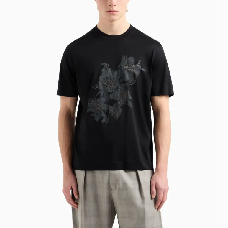 EMPORIO ARMANI Asv Lyocell blend Jersey T shirt With Print And Floral Embroidery-3
