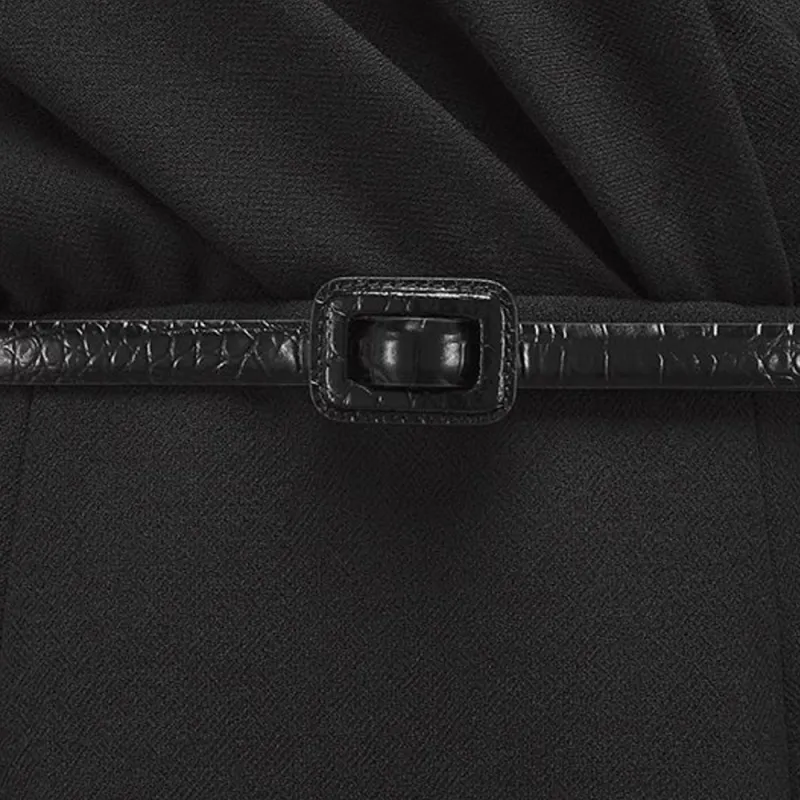 DIOR Wraparound Mid Length Dress Black Wool Crepe Short Sleeved Dress Women's Black-3