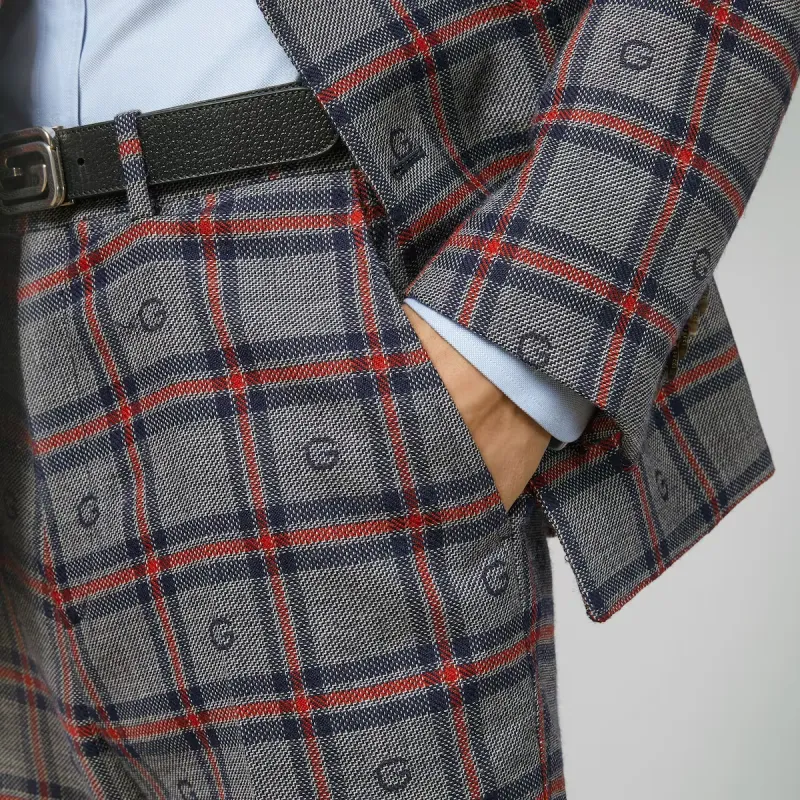 GUCCI G Plaid Wool Pants Suit Trouser Men's Gray Blue-4