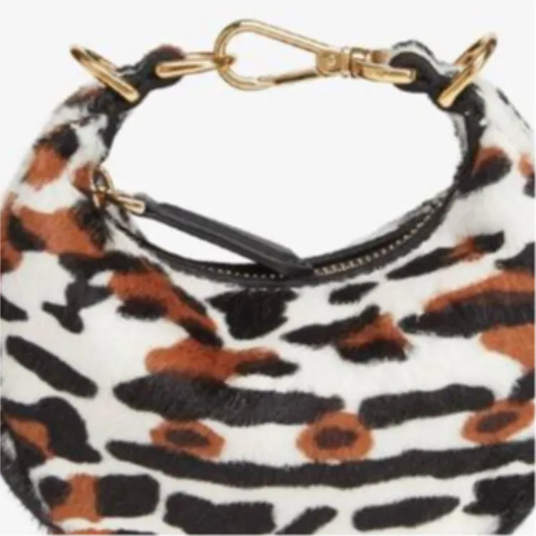 FENDI Fendigraphy Shearling Cow Leather Patchwork Crescent Bag Portable Wrist Bag Women's Multicolor-3