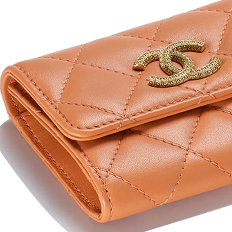 CHANEL Sheepskin Card Holder Women's Orange-5