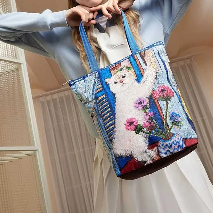 Skechers Fabric Tote Bag, Shopping Bag, Handbag, Shoulder Bag Large Size Unisex Blue & Multicolor-5
