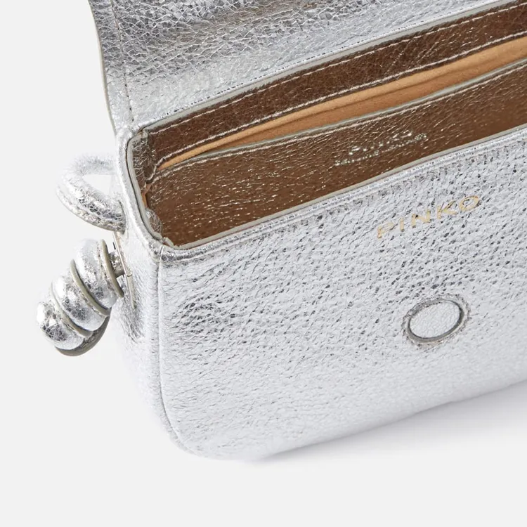 PINKO Cow Leather Saddle Bag, Shoulder Bag, Crossbody Bag Micro Women's Silver-3
