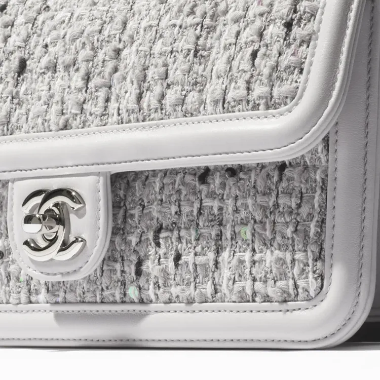 CHANEL Twill Tweed Shoulder Bag, Crossbody Bag Women's White-5