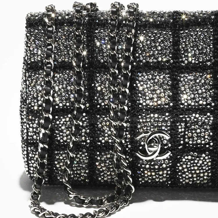 CHANEL Rhinestone Shoulder Bag, Crossbody Bag Regular Women's Black & Silver-6