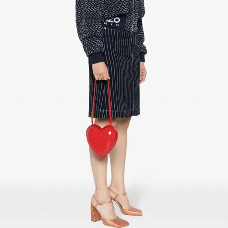 MOSCHINO Calfskin Bonded Patent Leather Heart-Shaped Bag Shoulder Bag Handbag Women's Red-3