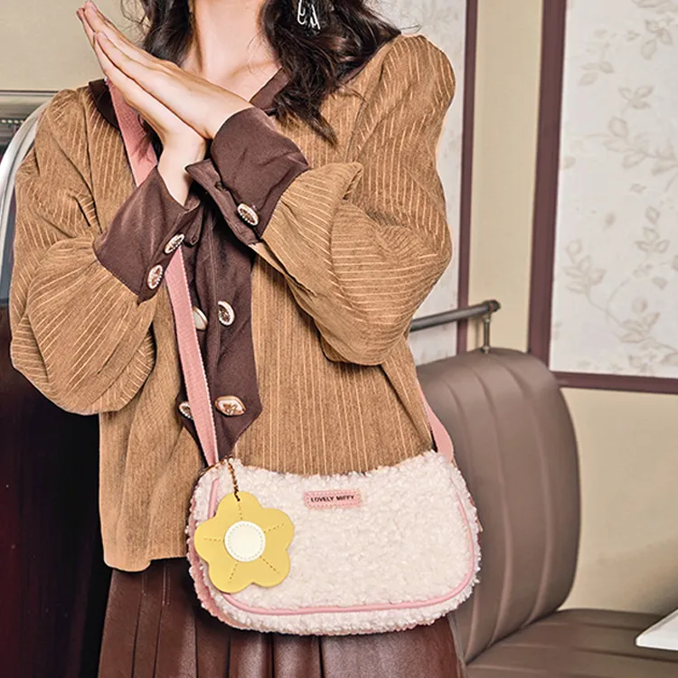 Miffy Lambswool Multicolor Shoulder Bag, Baguette Bag, Shoulder Bag, Crossbody Bag Women's Ecru/Pink-2