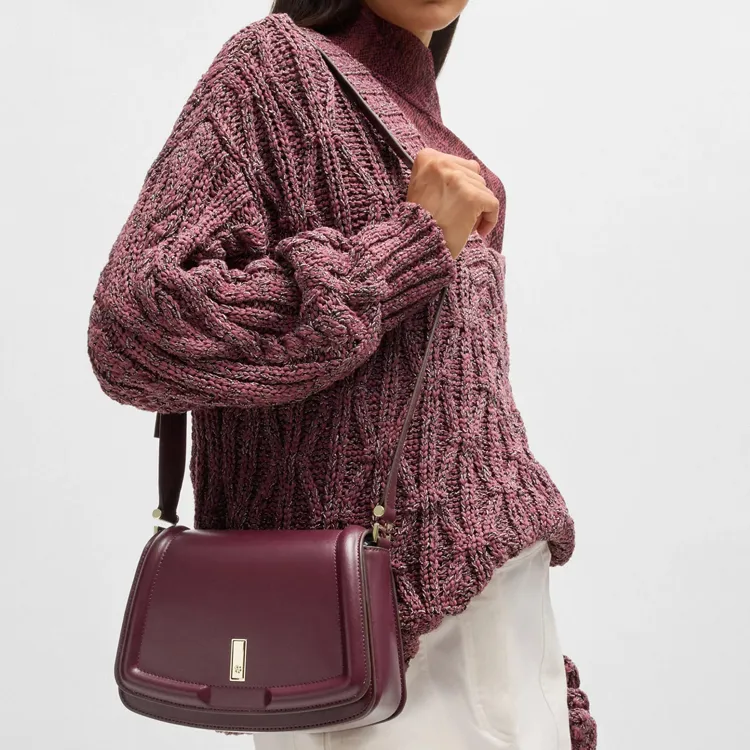 HUGO BOSS Leather Shoulder Bag, Crossbody Bag Regular Women's Dark Red-2