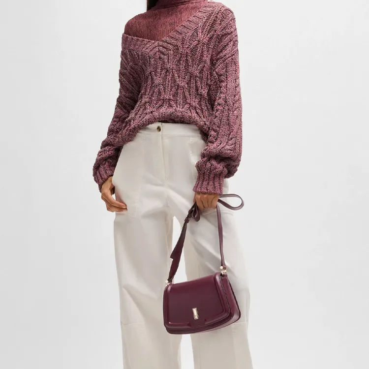HUGO BOSS Leather Shoulder Bag, Crossbody Bag Regular Women's Dark Red-3