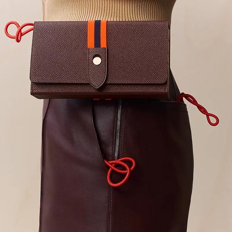 HERMES Calfskin With Crocodile Leather Clutch Women's Brown-4