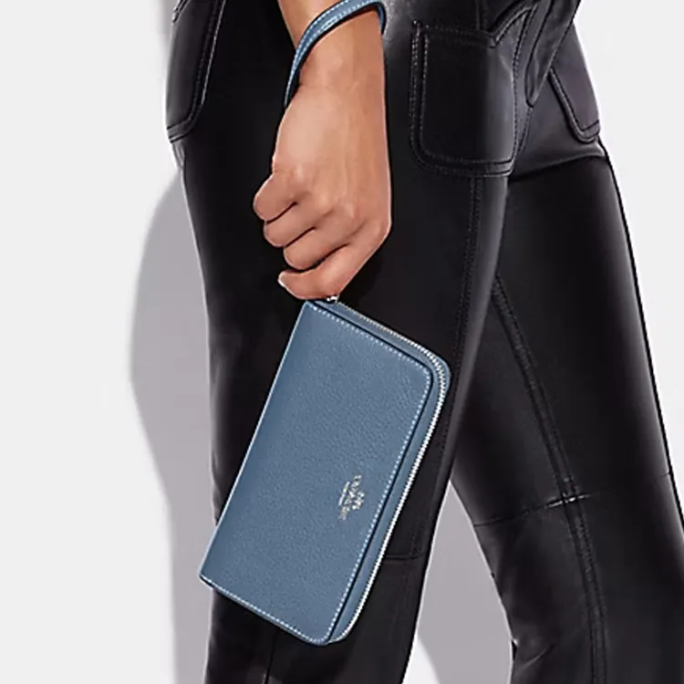 COACH Zip Around Refined Pebble Leather Wrist Bag Card Holder Wallet Women's Indigo-2